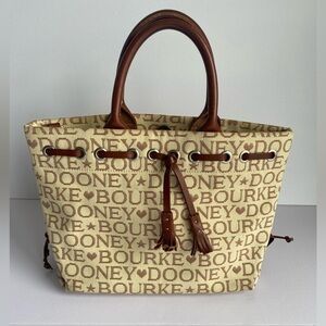 Dooney Bourke Vintage Cream Brown Logo Jacquard Canvas Small Shoulder Bag Purse